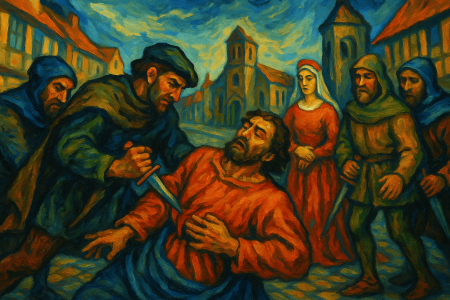 Pintura-al-oleo-postimpresionista-que-representa-un-asesinato-medieval-en-una-calle-europea-con-una-figura-femenina-observando