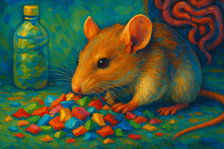 Pintura colorida de un ratón junto a microplásticos degradados y una botella, con fondo abstracto que representa intestino y metabolismo. (1)