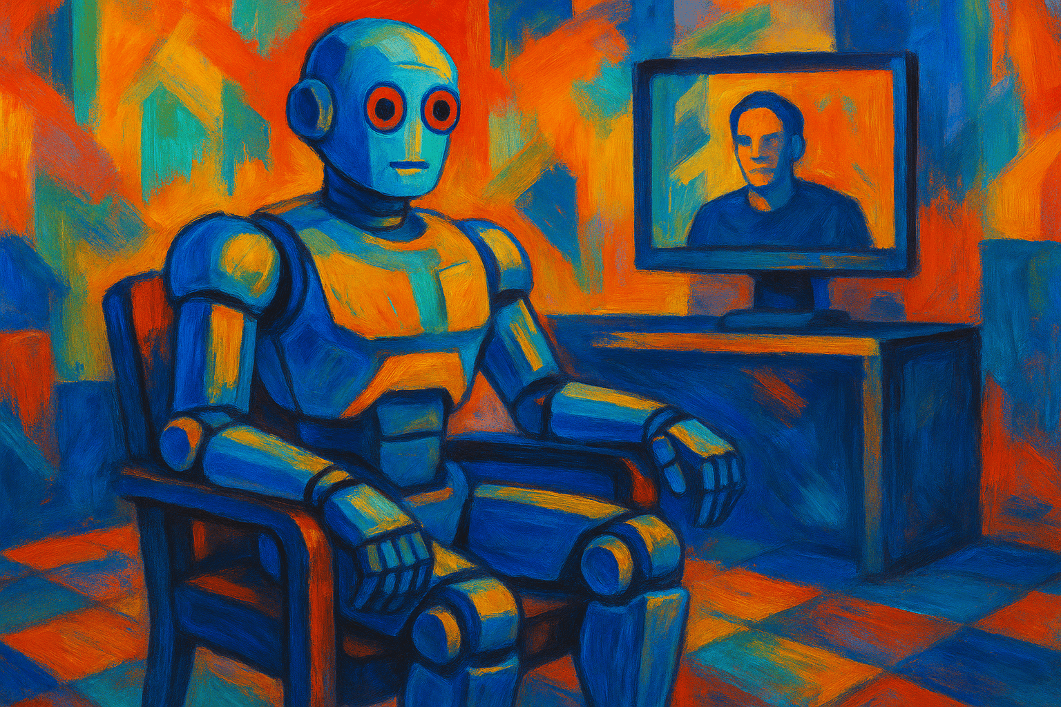 Pintura colorida y expresionista de un robot humanoide sentado frente a una pantalla con un humano, representando el avance accesible de la robótica con HopeJR de código abierto.