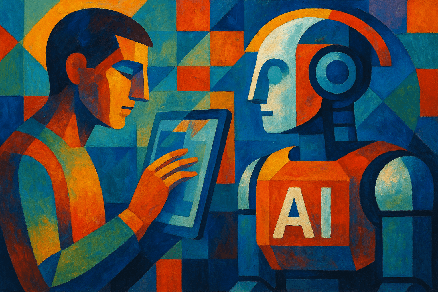 Pintura-cubista-colorida-que-representa-la-relacion-entre-un-humano-y-una-inteligencia-artificial