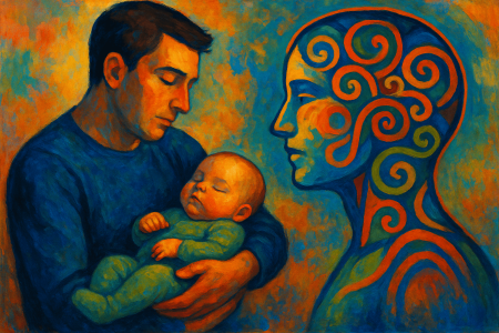 Pintura-de-un-padre-con-su-bebe-en-brazos-acompanado-por-una-figura-abstracta-que-representa-la-IA