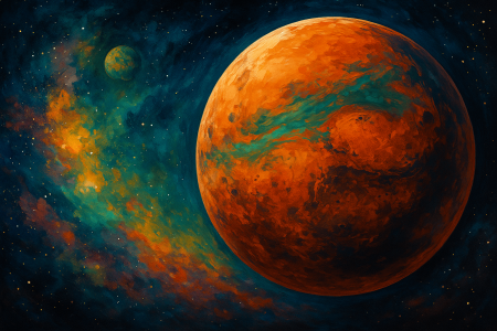 Pintura digital colorida del planeta Marte con detalles en tonos oxidados, nubes turquesa y un fondo galáctico multicolor que representa el espectro electromagnético (1)