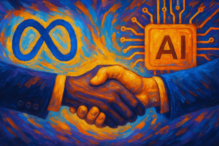 Pintura digital estilo expresionista que representa el acuerdo entre Meta y Scale AI, con una figura de apretón de manos entre un símbolo de Meta y un chip de IA, en colores intensos y contrastados. (1)