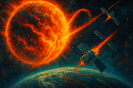 Pintura digital que representa una eyección solar afectando satélites Starlink sobre la Tierra, en un estilo artístico colorido, evocador y detallado,