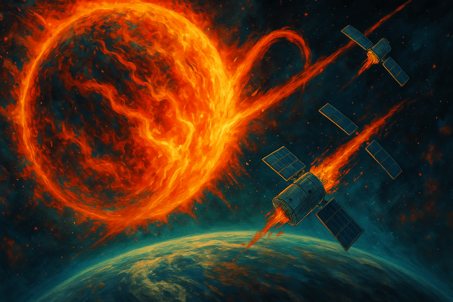Pintura digital que representa una eyección solar afectando satélites Starlink sobre la Tierra, en un estilo artístico colorido, evocador y detallado,