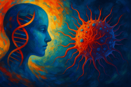 Pintura digital surrealista que representa la tecnología CRISPR editando genes para revertir el cáncer, con una figura humana azul unida por una hélice de ADN a una célula cancerosa anaranjada. (1)