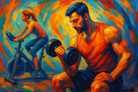 Pintura expresionista de estilo abstracto que representa una bicicleta estática y una barra con pesas rojas en un gimnasio sin personas