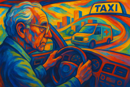 Pintura-expresionista-de-un-taxista-mayor-conduciendo-por-una-ciudad-abstracta-con-una-ambulancia-al-fondo.
