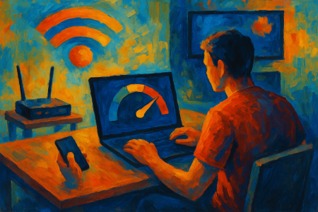 Pintura expresionista de una persona realizando un test de velocidad de internet en un portátil, (1)