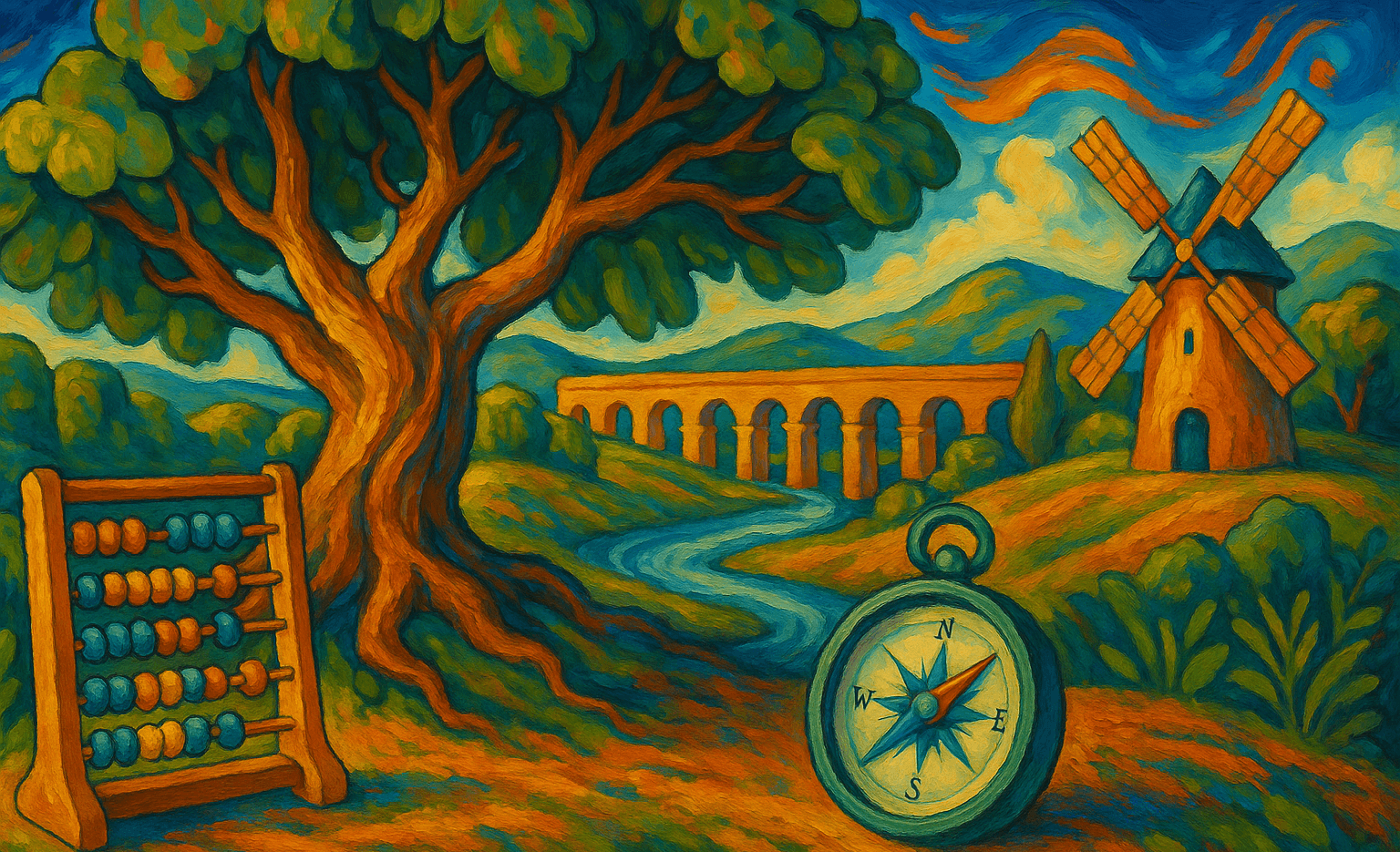 Pintura artística en formato 169 que representa un paisaje simbólico con un árbol de avellano, un ábaco, una brújula, un molino y un acueducto, evocando tecnologías milenarias aún presentes en la actualidad.