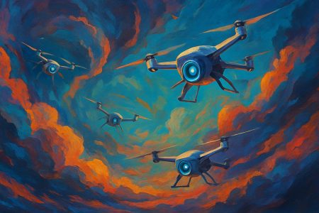 Representación artística de un dron de entrega volando a través de condiciones climáticas adversas.