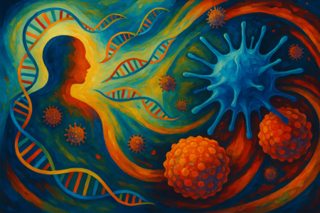 Representación artística del impacto de las vacunas de ARNm contra el cáncer, mostrando el sistema inmunitario humano activado por cadenas de ARNm flotantes que combaten células tumorales en un entorno colorido y simbólico