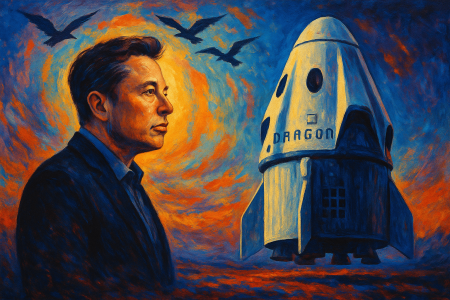Retrato artístico de Elon Musk frente a la cápsula Dragon, con fondo espacial colorido (1)