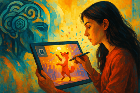 Una-mujer-creando-un-video-con-IA-en-una-tablet-mostrando-un-zorro-animado-mientras-una-figura-abstracta-de-inteligencia-artificial-la-observa