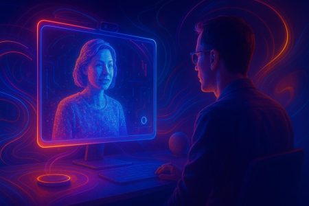 Vista frontal del HP Dimension durante una videollamada 3D, mostrando su impresionante tecnología de visualización