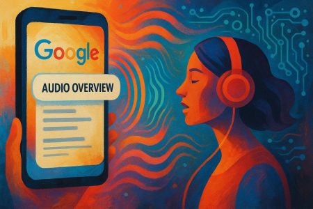 ablet con la aplicación de NotebookLM abierta, mostrando la función de Audio Overviews de Google Search en acción