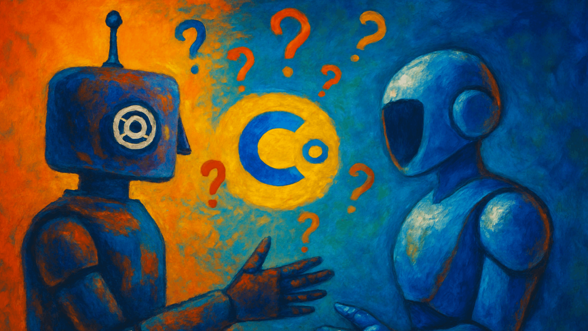 dos-inteligencias-artificiales-en-forma-de-robots-humanoides-una-en-tonos-calidos-y-otra-en-frios-intercambiando-ideas-en-medio-de-signos-de-interrogacion