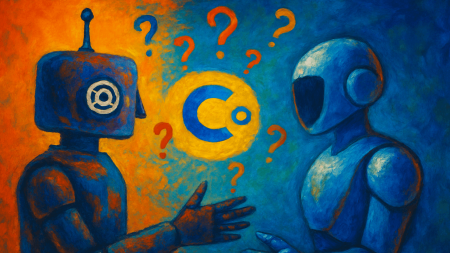 dos-inteligencias-artificiales-en-forma-de-robots-humanoides-una-en-tonos-calidos-y-otra-en-frios-intercambiando-ideas-en-medio-de-signos-de-interrogacion