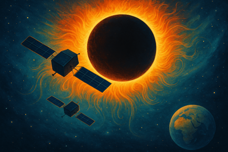 eclipse solar artificial creado por el satélite Proba-3, con el Sol parcialmente cubierto, estructuras de la corona solar visibles y dos naves