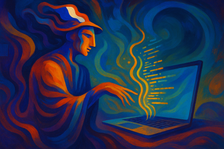 figura abstracta con rasgos franceses guía código brillante hacia un portátil flotante, simbolizando la integración segura de inteligencia artificial en entornos empresariales europeos.