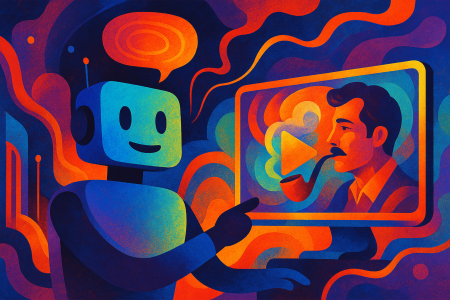 ilustración abstracta de un robot generando un video con IA que muestra un personaje masculino fumando en una pantalla (1)