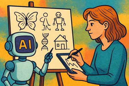 ilustracion-artistica-colorida-que-muestra-una-colaboracion-entre-una-mujer-humana-y-un-robot-de-inteligencia-artificial-dibujando-ideas-como-ADN-casa-y-mariposa