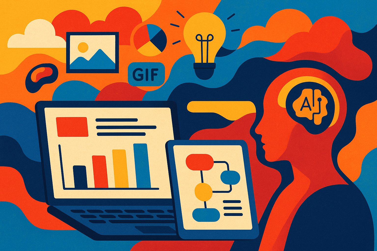 ilustración artística de presentaciones creadas con inteligencia artificial, mostrando un humanoide con cerebro digital y pantallas con gráficos y diagramas