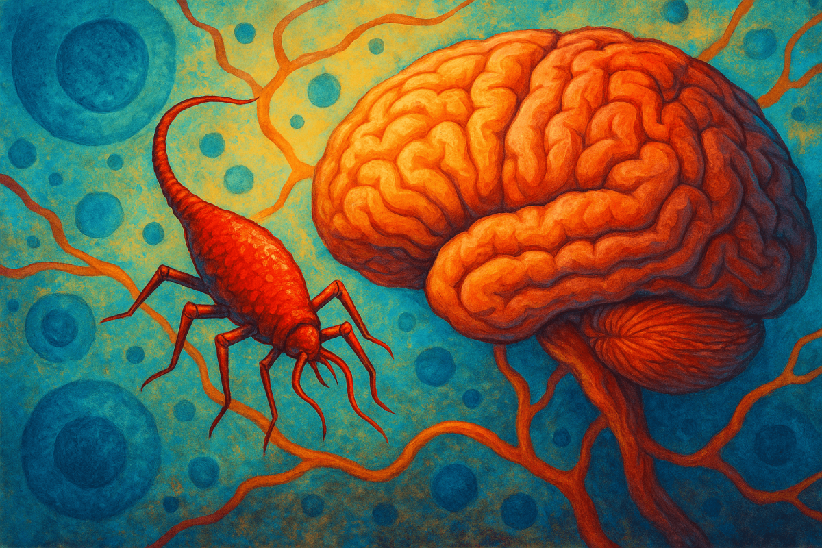 ilustración artística de un nanobot rojo acercándose a un cerebro humano a través de vasos sanguíneos, representando avances en cirugía sin bisturí desarrollados por el MIT usando nanotecnología médica. (1)