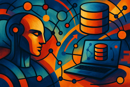 integración de inteligencia artificial y bases de datos PostgreSQL en entornos empresariales, con elementos simbólicos como una figura robótica, nodos conectados, una base de datos apilada y un portátil