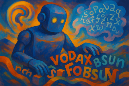 Pintura surrealista de un robot azul interactuando con letras sin sentido flotantes