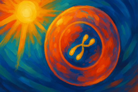 luz dorada sobre una célula luminosa, donde los telómeros brillan como puntas de cordón protegidas por vitamina D