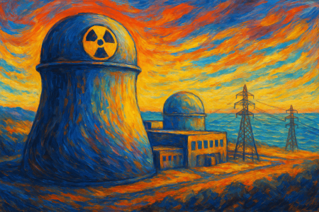 Pintura digital expresiva de un minirreactor nuclear costero con torre de refrigeración y líneas eléctricas, inspirado en el SMR chino Linglong-1 en Hainan, con colores cálidos y vibrantes en un paisaje marítimo al atardecer.