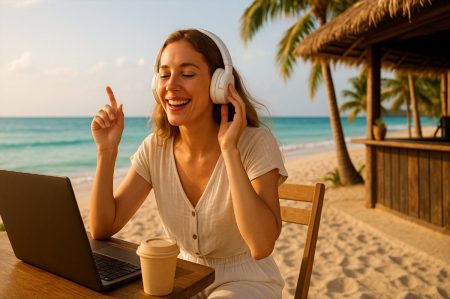 mujer escuchando música en playa