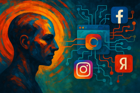 Pintura digital abstracta de un perfil humano conectado con aplicaciones móviles como Facebook, Instagram y Yandex a través de circuitos digitales que simbolizan el rastreo encubierto de navegación en Android. (1)