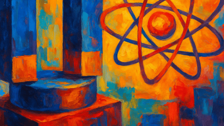 pintura abstracta sobre fisión nuclear con superimán y átomo estilizado