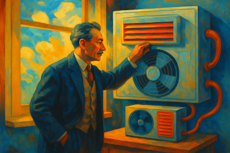 pintura artística de Willis Carrier ajustando un aire acondicionado retro, luz cálida del sol entrando por la ventana (1)