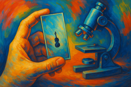 pintura artística de una mano sosteniendo un portaobjetos de vidrio con un violín microscópico, junto a un microscopio, con fondo colorido que representa la nanotecnología y la precisión científica (1)