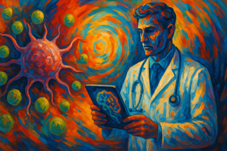 pintura digital abstracta que representa a un médico con bata blanca consultando una tableta con una red neuronal (1)