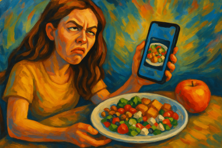 pintura expresionista de una mujer frustrada frente a una ensalada mal identificada por una app de conteo calórico con inteligencia artificial