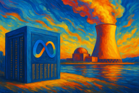 planta nuclear junto a un centro de datos de Meta, con humo colorido en el cielo y un entorno vibrante, simbolizando la alianza energética entre tecnología y energía limpia.