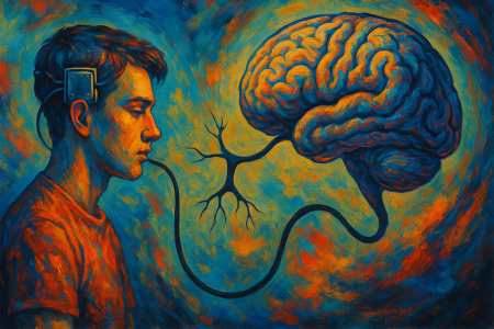 un joven con un implante cerebral conectado a un cerebro flotante a través de una neurona estilizada, en un entorno de colores vibrantes que representan la sinergia entre mente y tecnología.