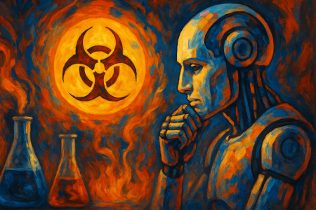 una inteligencia artificial contemplando un símbolo biológico luminoso entre tubos de ensayo (1)