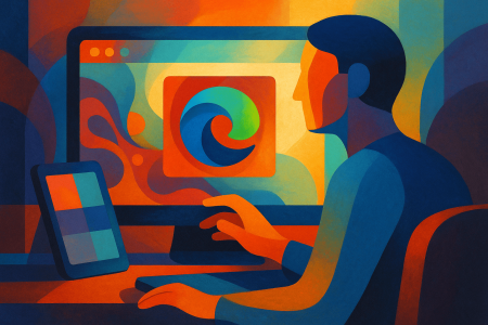 Ilustración artística abstracta que representa a un usuario interactuando con un ordenador, simbolizando la libertad de elección de navegador y tienda en Windows tras los cambios por la Ley de Mercados Digitales en Europa.