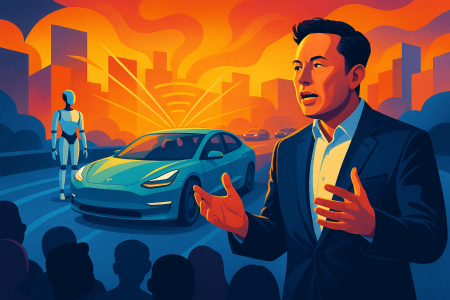 Elon Musk presentando un Tesla autónomo junto a un robot en una ciudad futurista (1)