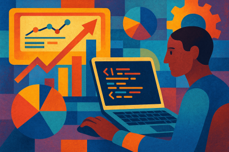 Ilustración abstracta y colorida de una persona programando con gráficos de análisis (1)