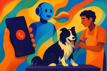 Ilustración artística de inteligencia artificial haciendo llamadas telefónicas para reservar servicios de peluquería canina (1)