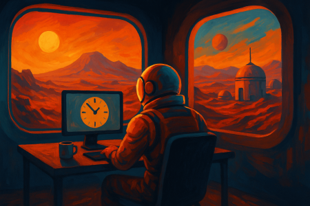 Ilustración artística de un astronauta trabajando en una base marciana con vista al paisaje rojo del planeta, (1)