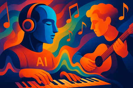 Ilustración artística de un músico humano tocando guitarra junto a una IA tocando teclado (1)