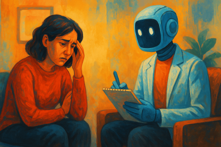 Ilustración artística de una mujer angustiada recibiendo terapia de un robot (1)