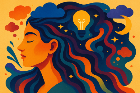 Ilustración artística de una mujer con los ojos cerrados y el cabello transformado en un flujo colorido lleno de nubes (1)
